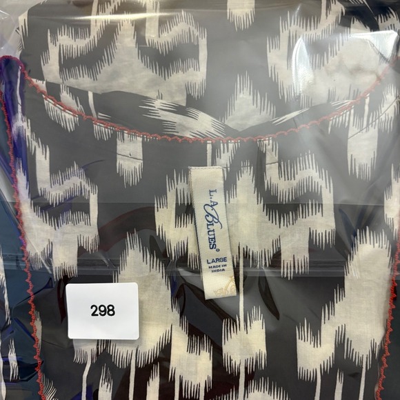 L.A. Blues Blouse Women Ikat Print Smocked Waist Black White Rust Boho Blouse L - Picture 12 of 12